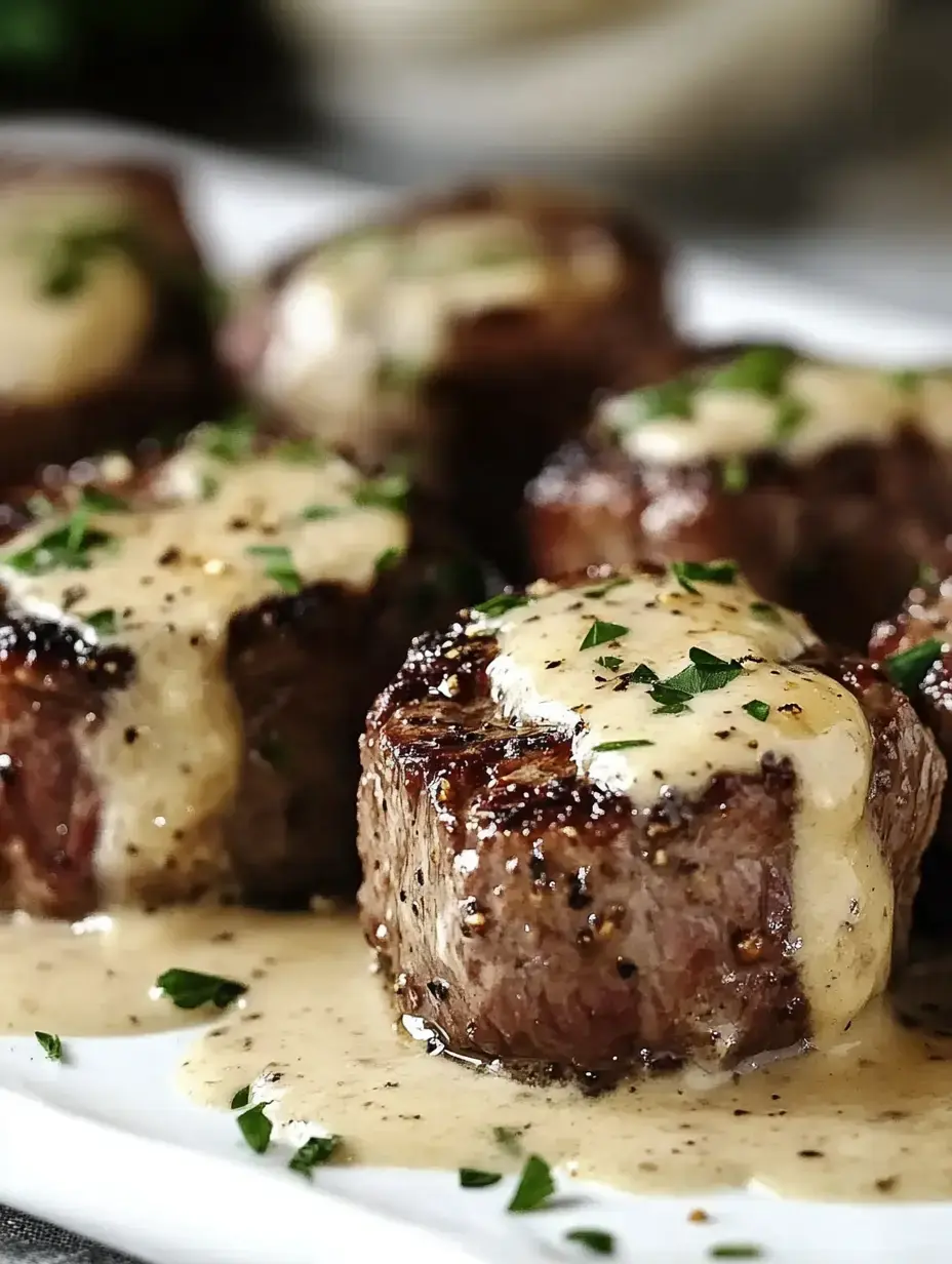 A close-up of grilled steak medallions topped with a creamy sauce and garnished with chopped parsley.