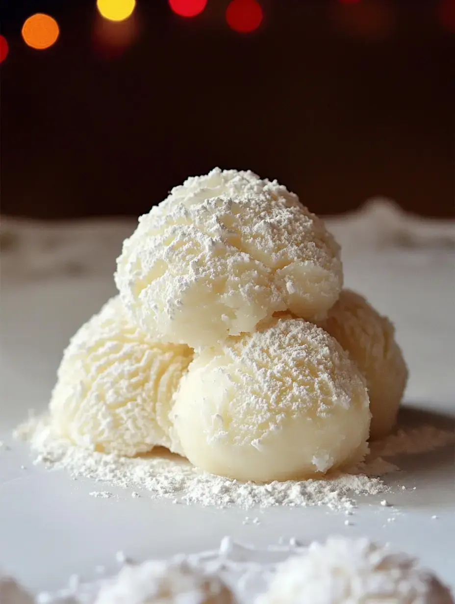 A pile of white, snow-like ice cream scoops dusted with powdered sugar sits on a surface with blurred colorful lights in the background.