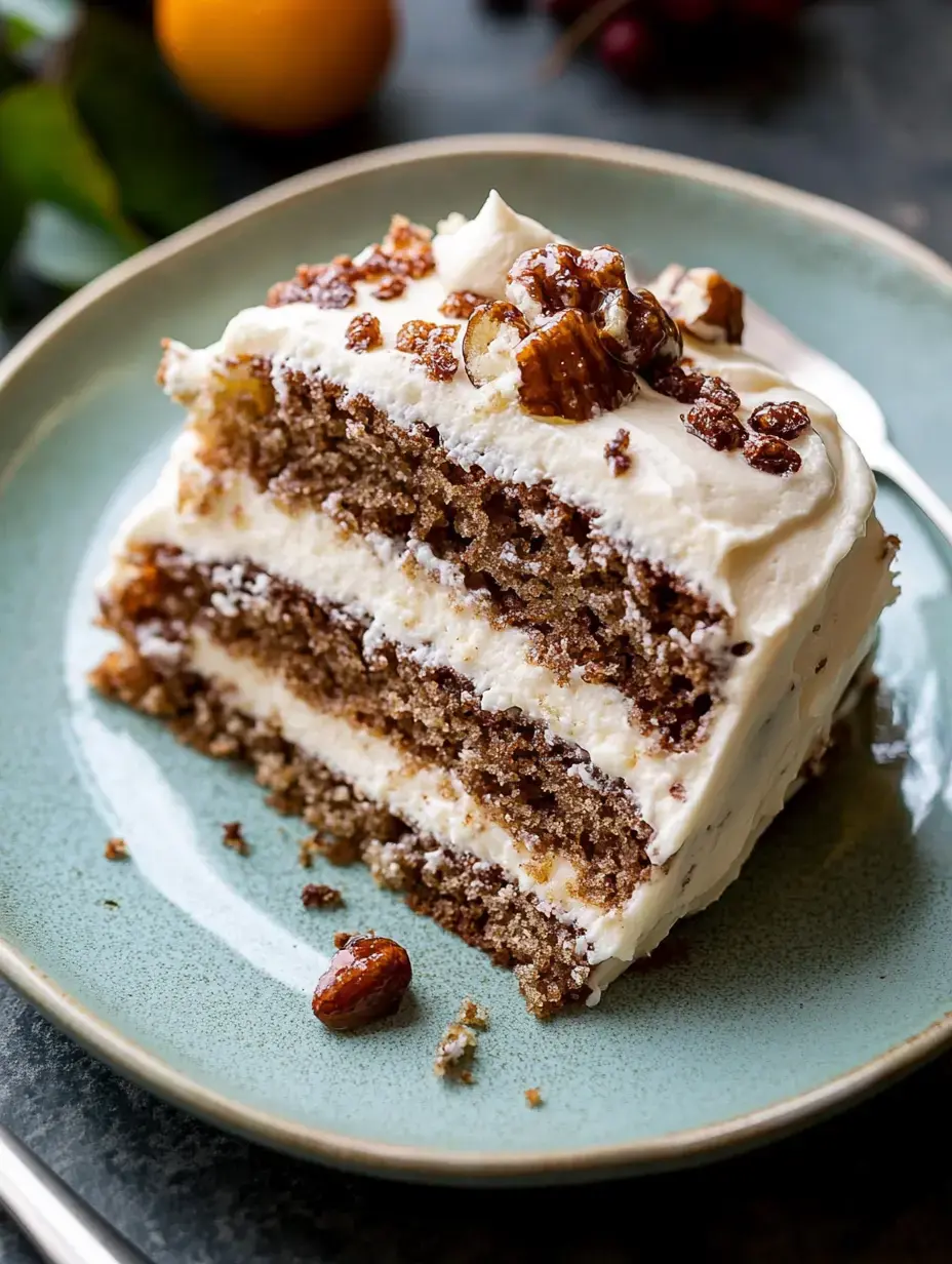 A slice of layered cake with cream frosting and nut topping on a light blue plate.