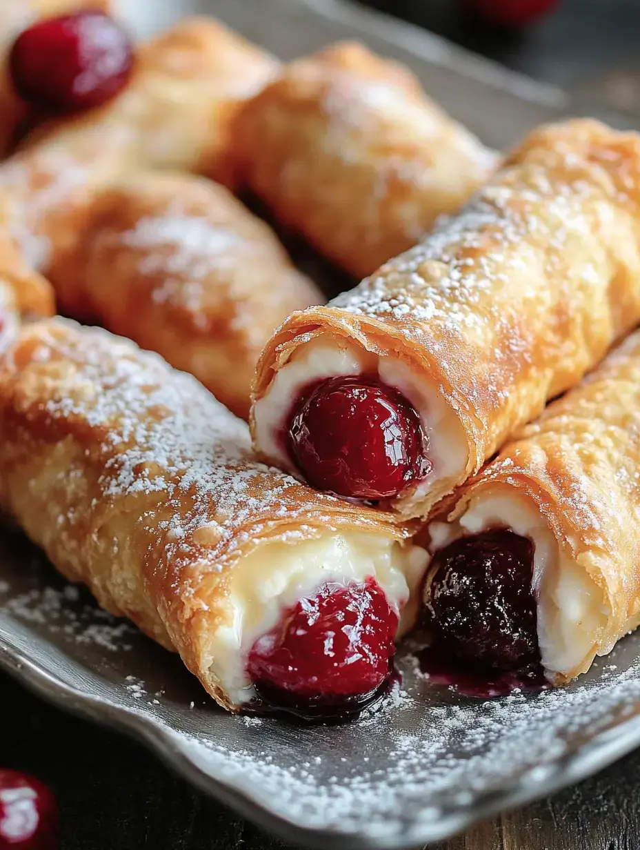 A close-up of crispy pastry rolls filled with creamy white filling and topped with cherry compote, dusted with powdered sugar on a silver plate.