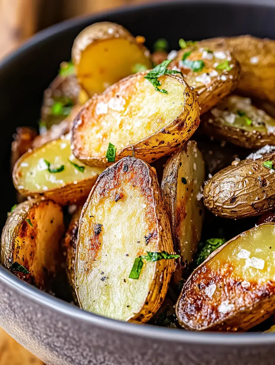 A close-up image of crispy roasted potato wedges garnished with fresh herbs and sea salt in a dark bowl.