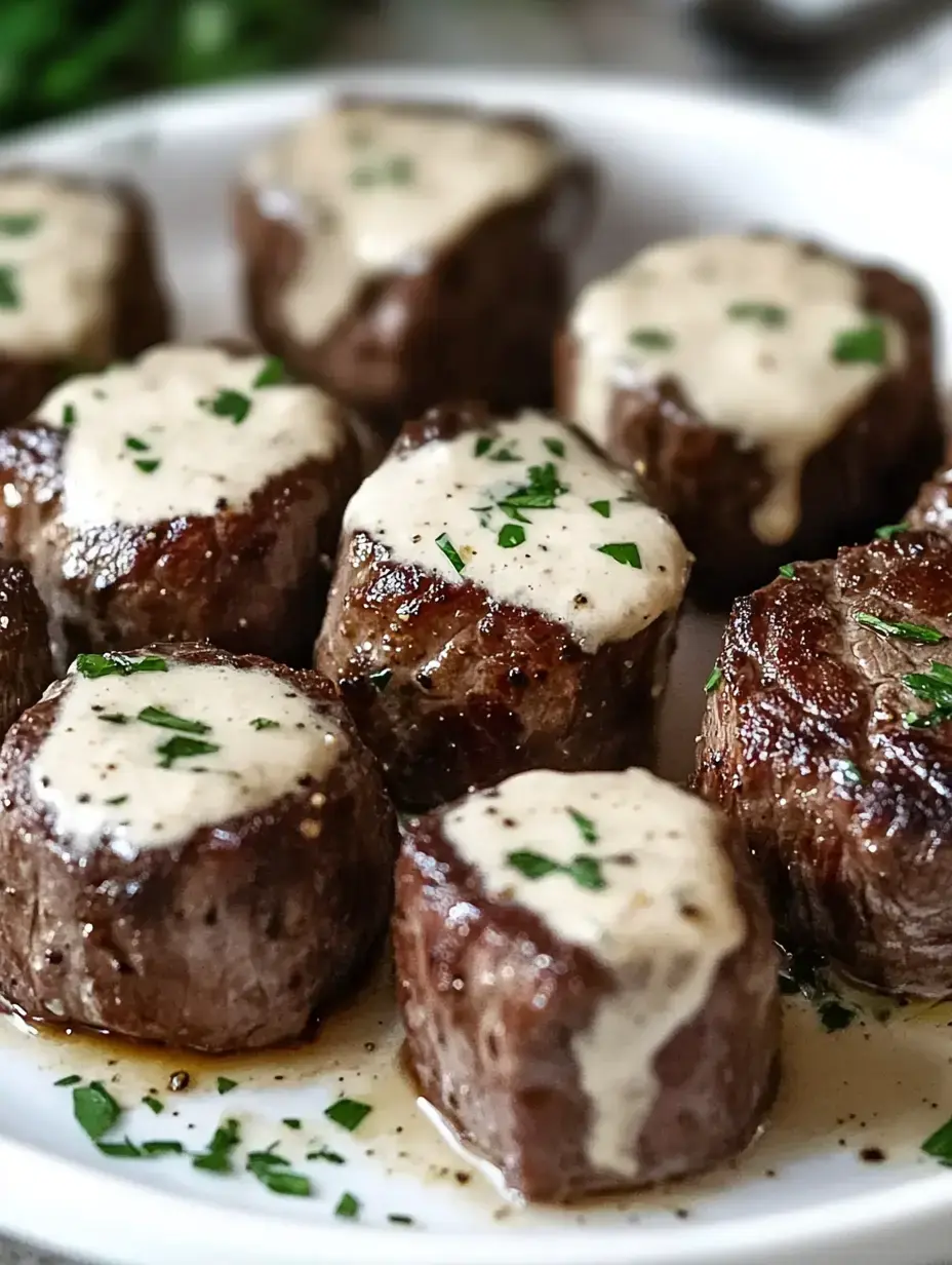 Tender beef medallions topped with a creamy sauce and garnished with chopped parsley on a white plate.