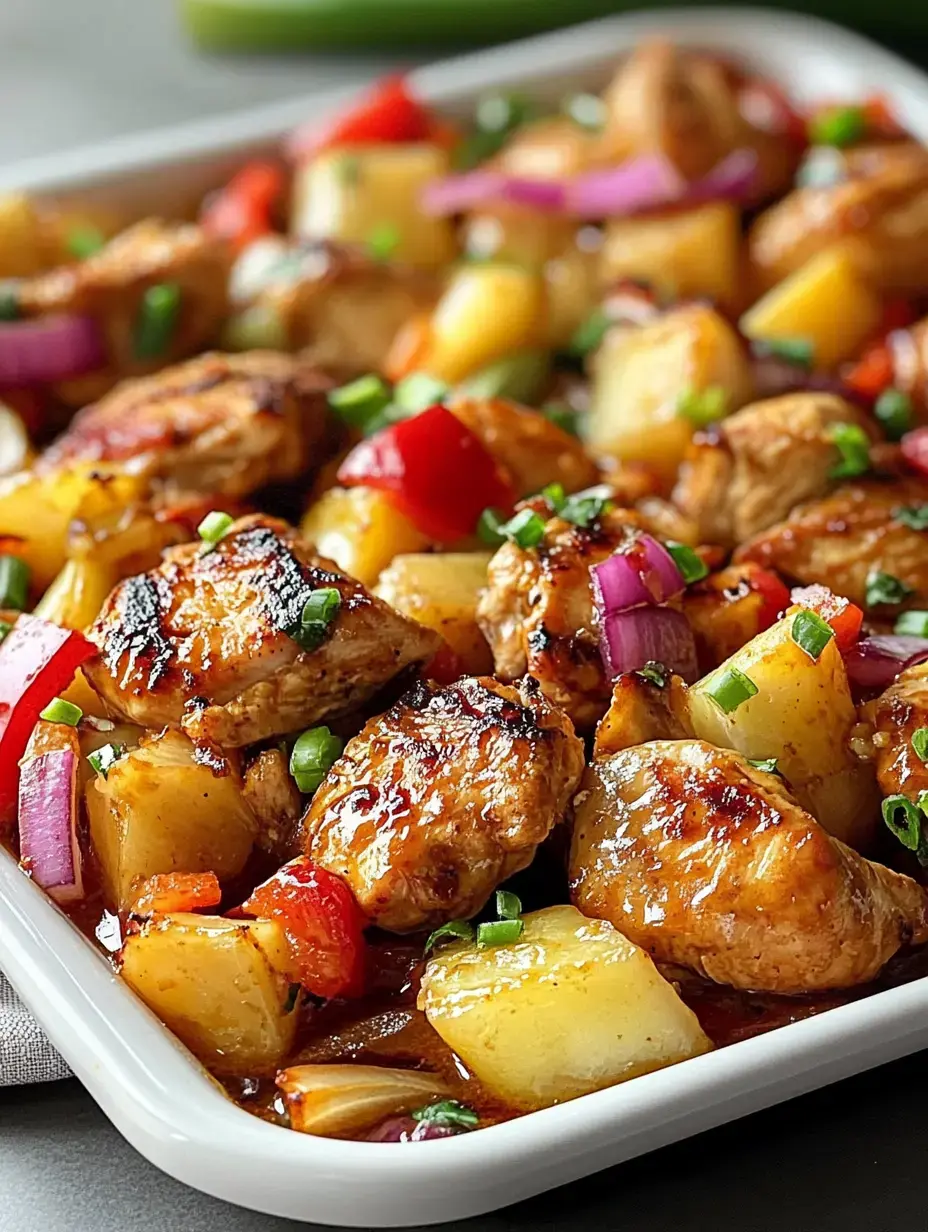 A close-up image of a dish featuring tender chicken pieces mixed with colorful bell peppers, pineapple chunks, and green onions in a savory glaze.