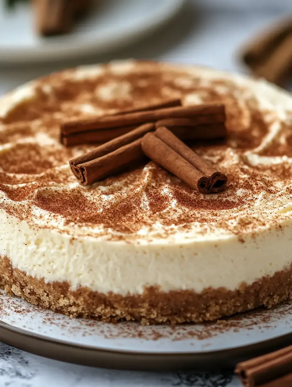 A close-up of a creamy cheesecake topped with cinnamon and garnished with cinnamon sticks on a round plate.