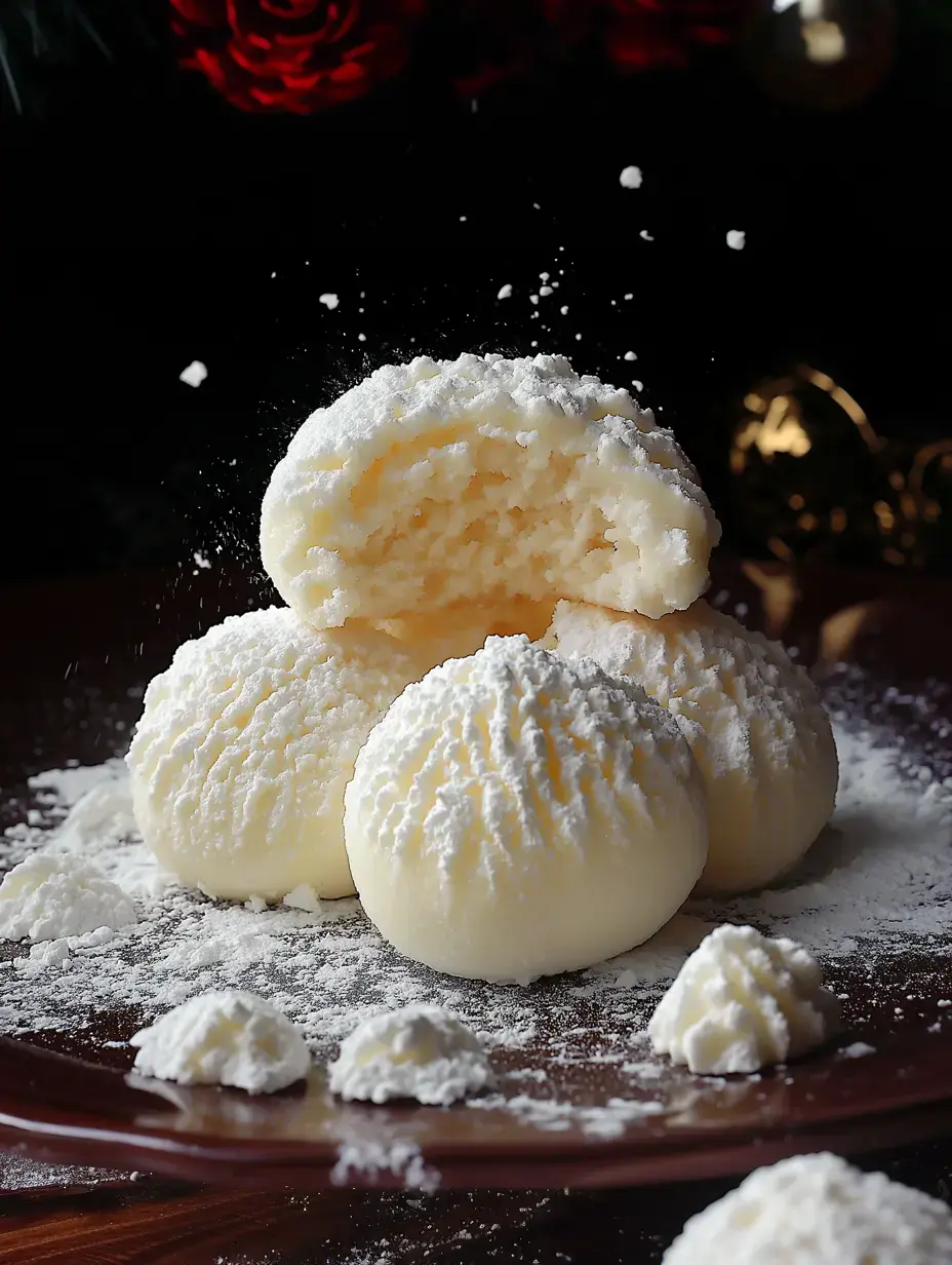 A plate of powdered white confections, some partially bitten, surrounded by a dusting of powdered sugar.