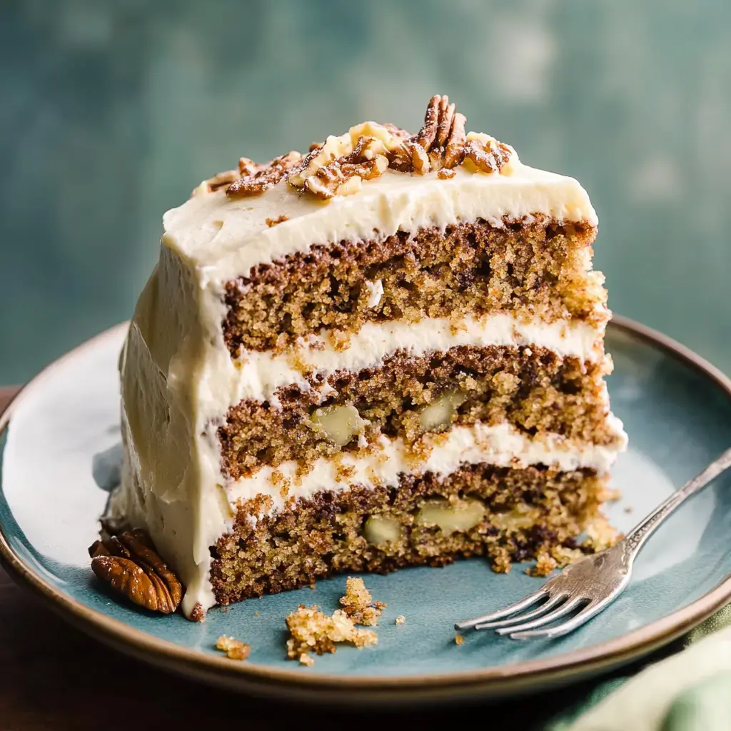 A slice of layered cake with cream frosting and walnuts on top, served on a blue plate.