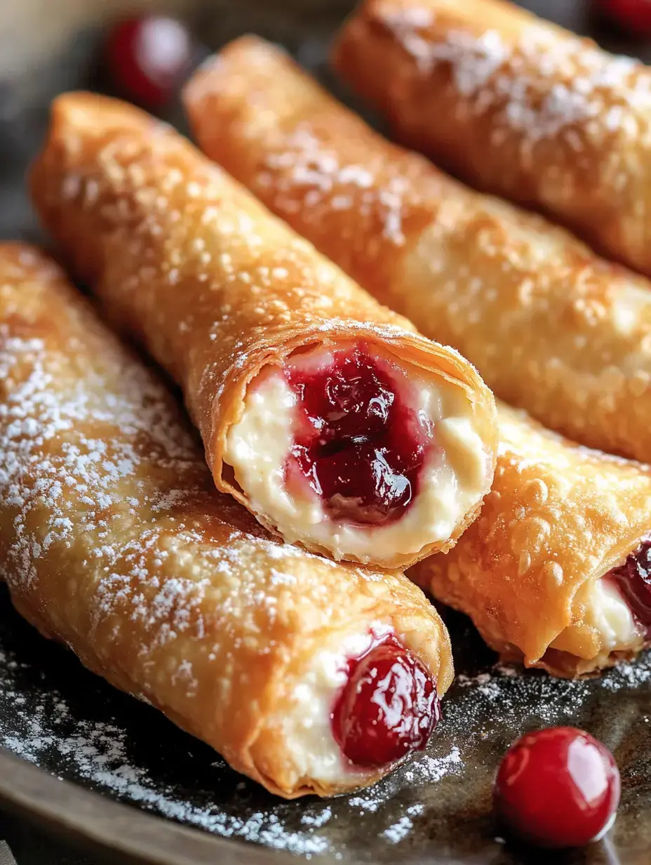 A plate of golden-brown rolled pastries filled with creamy filling and cherry preserves, dusted with powdered sugar.