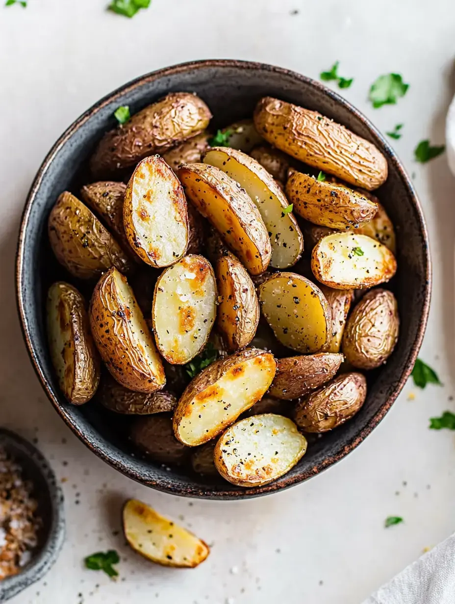 A bowl of golden-brown roasted potatoes, some cut in half, garnished with herbs and surrounded by scattered fresh parsley.