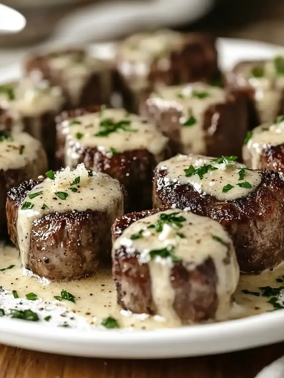 A plate of tender beef medallions topped with creamy sauce and garnished with chopped herbs.