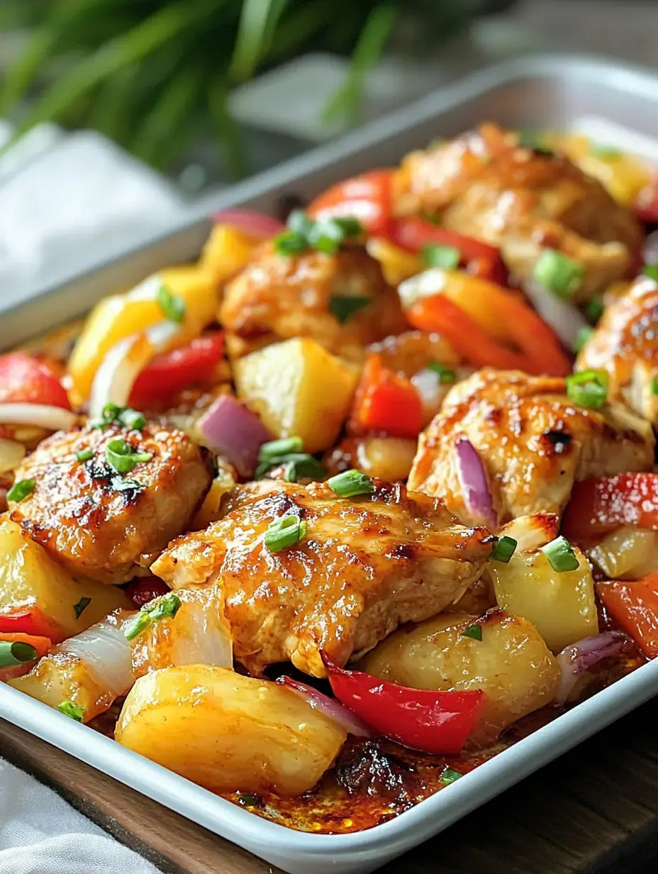 A close-up of a tray featuring cooked chicken pieces surrounded by colorful bell peppers, pineapple chunks, and garnished with chopped green onions.