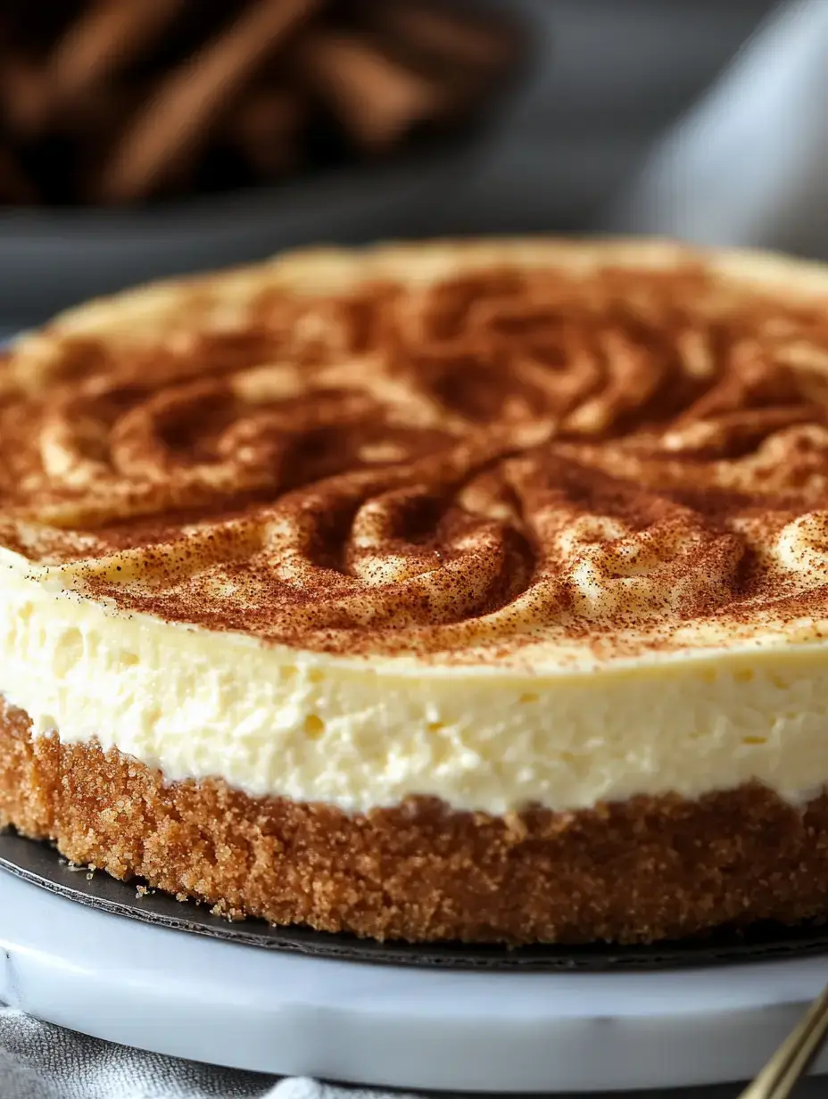 A close-up of a creamy cheesecake topped with a dusting of cocoa powder on a graham cracker crust.