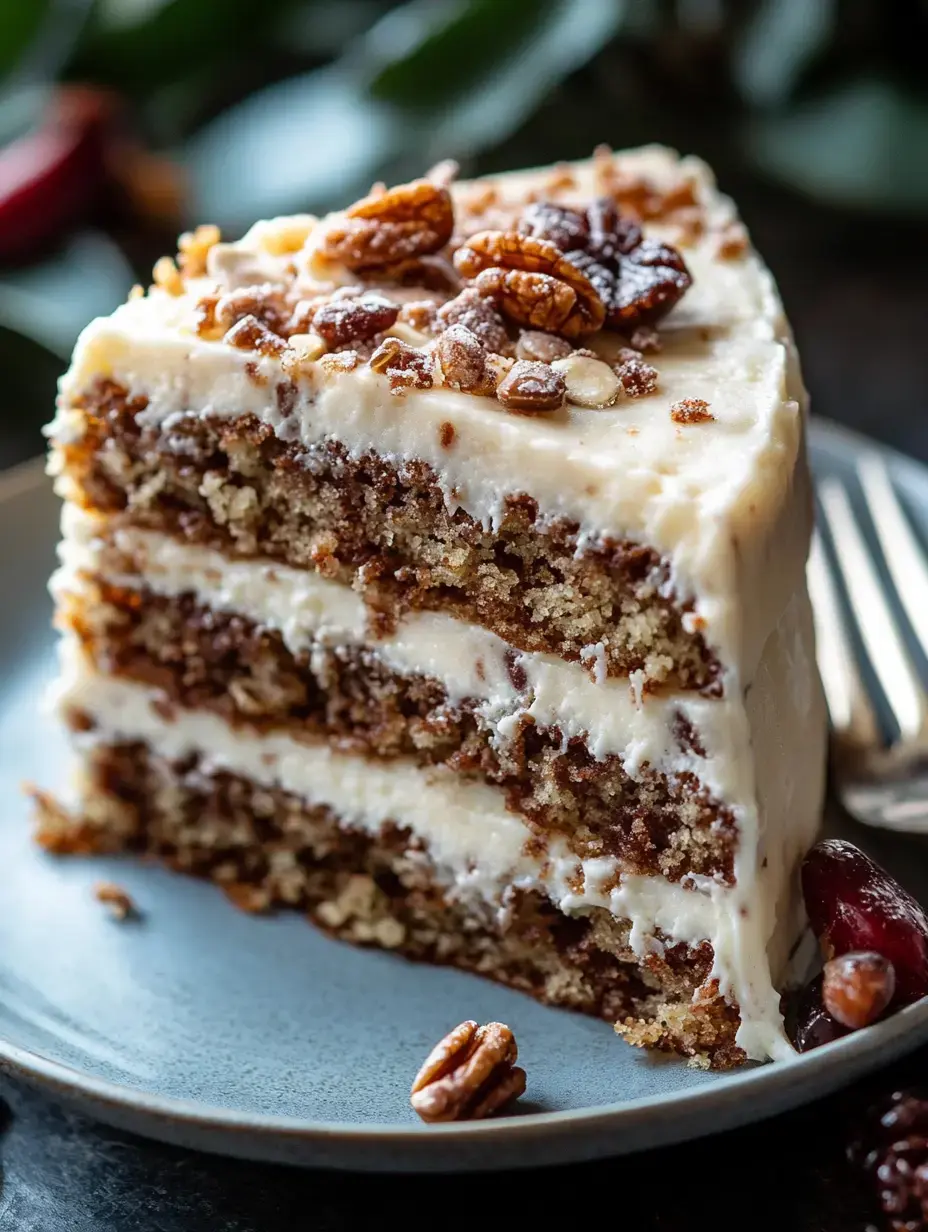 A slice of layered cake with cream frosting and topped with nuts, served on a blue plate.