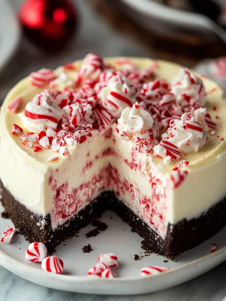 A layered peppermint cheesecake with a chocolate crust and whipped cream topping, partially sliced and garnished with crushed peppermint.