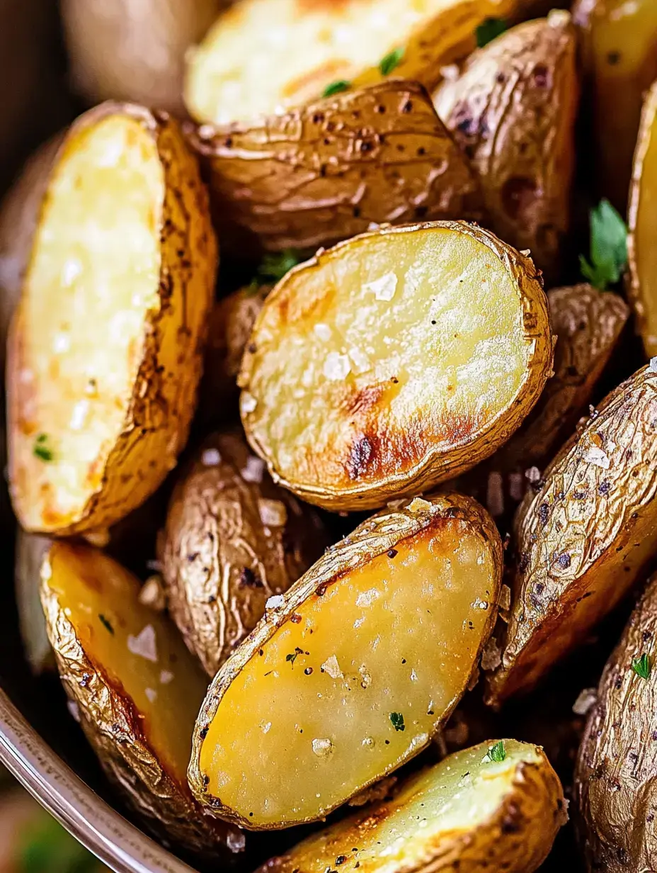 A close-up view of golden roasted potato wedges sprinkled with salt and herbs.