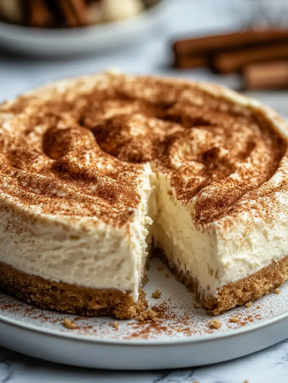 A creamy cheesecake sprinkled with cinnamon, featuring a graham cracker crust, with a slice cut out.