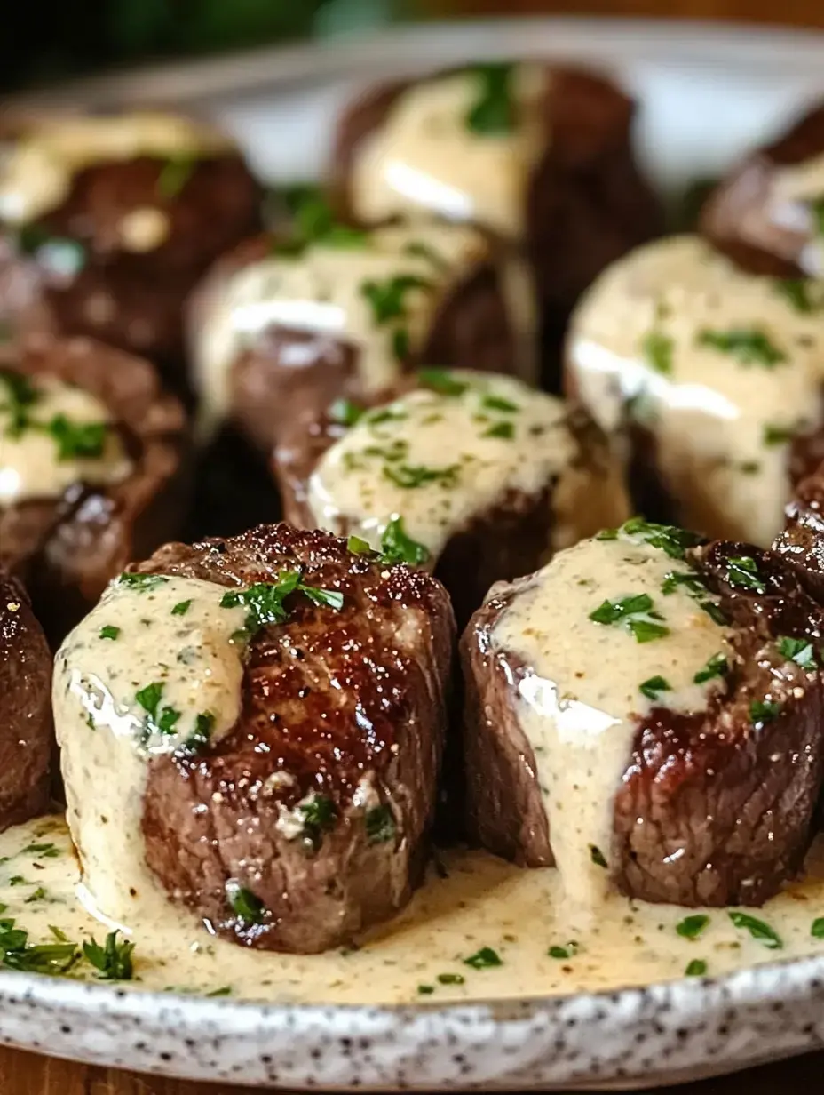 A close-up of grilled beef medallions topped with a creamy sauce and garnished with chopped herbs.