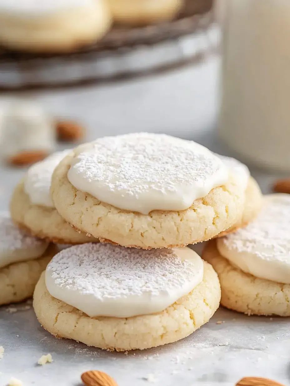 A close-up of soft, frosted cookies arranged on a marble surface, accompanied by almonds and a glass jar in the background.