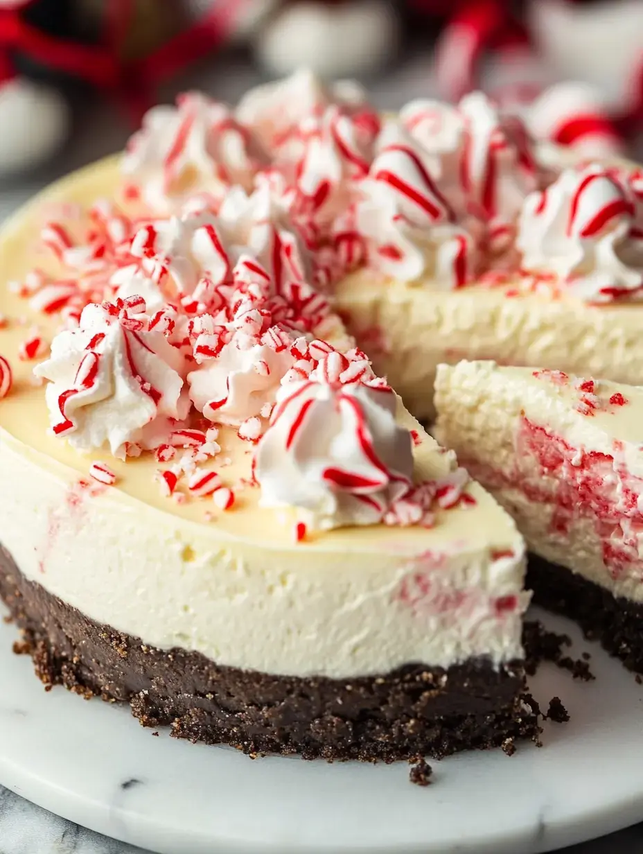 A festive cheesecake topped with whipped cream and crushed peppermint pieces, partially sliced on a marble platter.