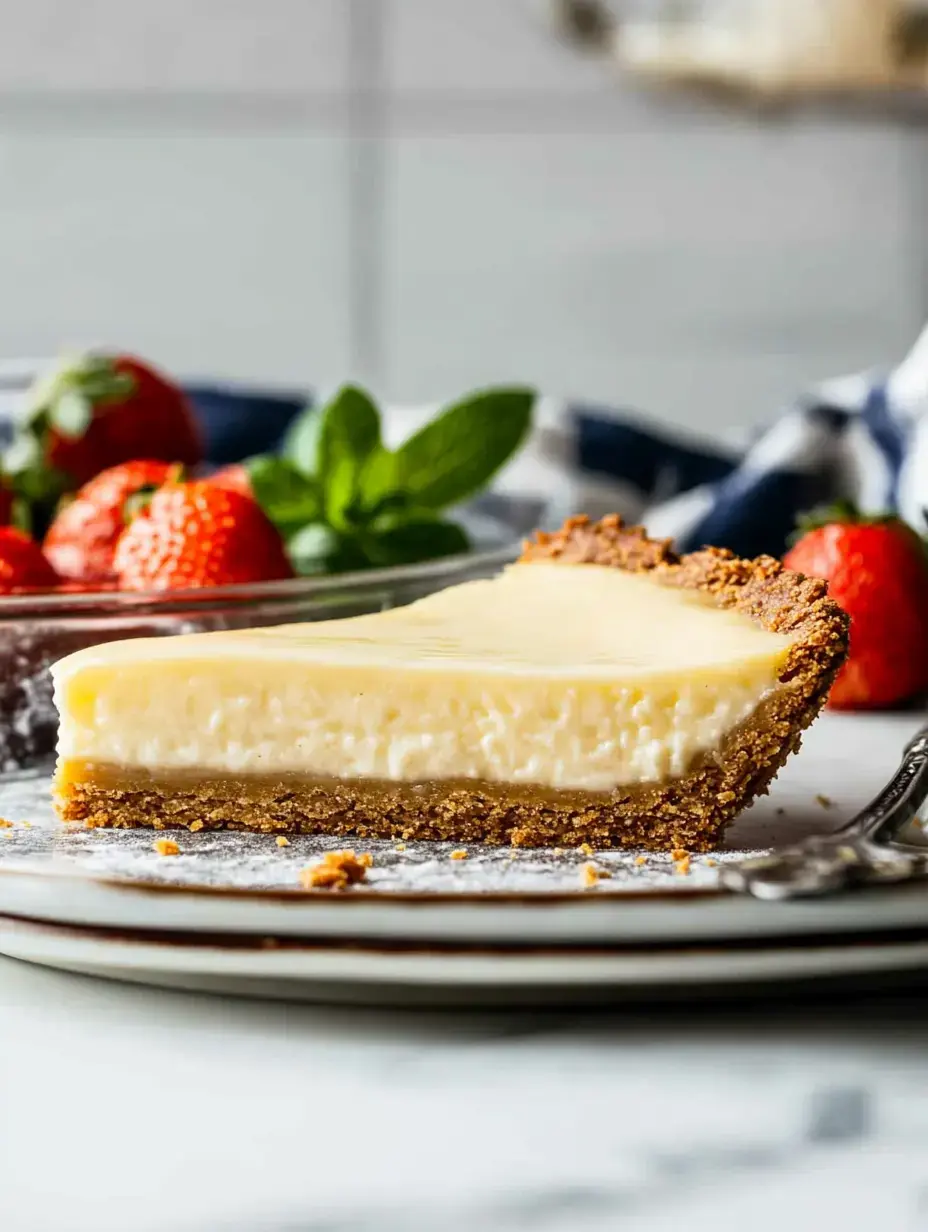 A slice of creamy cheesecake on a graham cracker crust is displayed on a plate, accompanied by fresh strawberries and mint leaves.