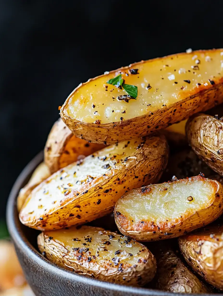 A close-up of golden roasted potatoes garnished with black pepper and herbs in a brown bowl.