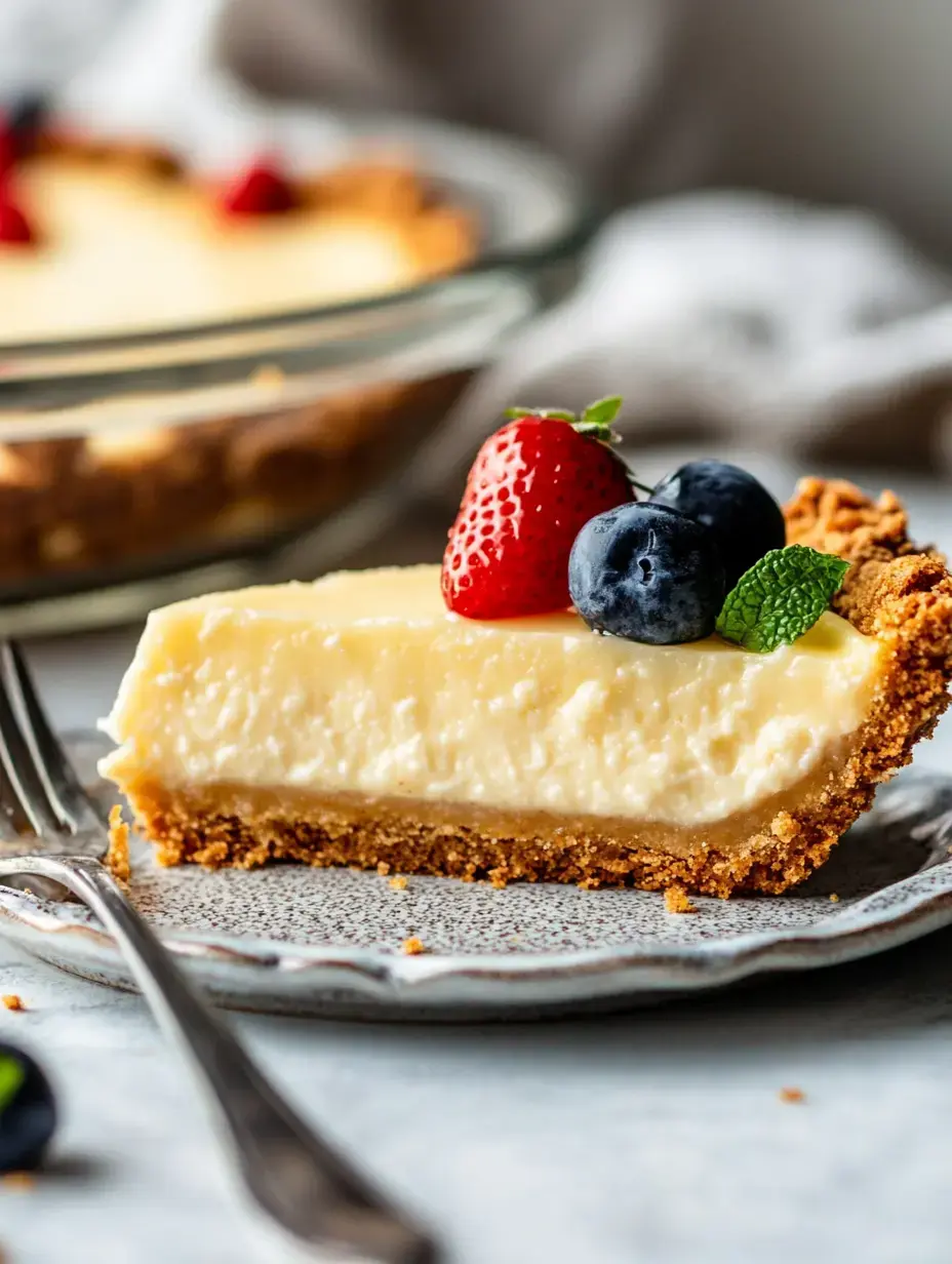 A slice of creamy cheesecake with a crumbly crust, topped with a strawberry, a blueberry, and a mint leaf on a decorative plate.