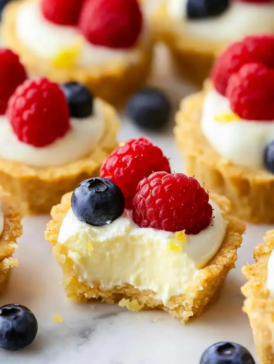 Miniature tart desserts filled with creamy white filling, topped with fresh raspberries and blueberries, with one tart partially eaten.