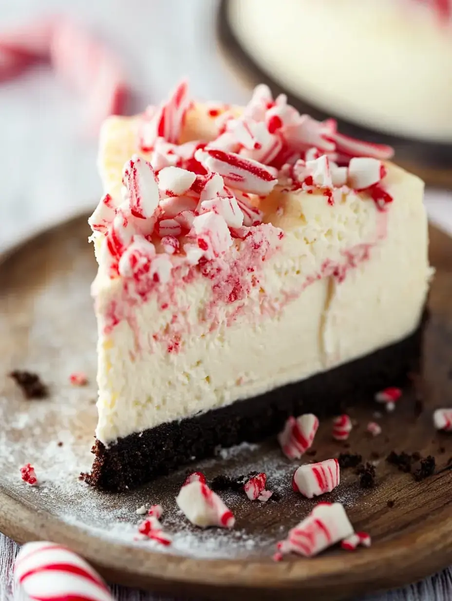 A slice of peppermint cheesecake with a chocolate crust, topped with crushed candy canes, sits on a wooden plate.