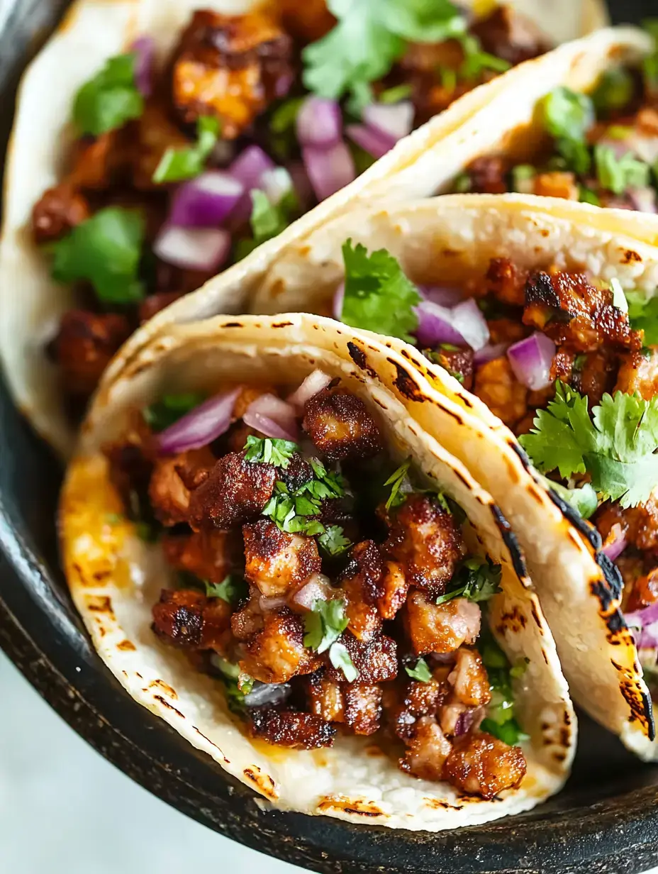 Three freshly made tacos filled with seasoned meat, chopped onions, and cilantro, arranged in a black serving dish.