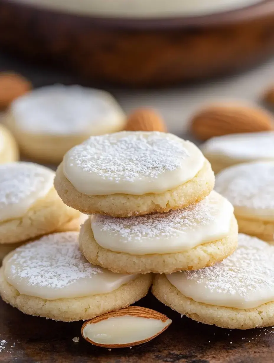 A stack of frosted almond cookies is surrounded by whole almonds and scattered powdered sugar.