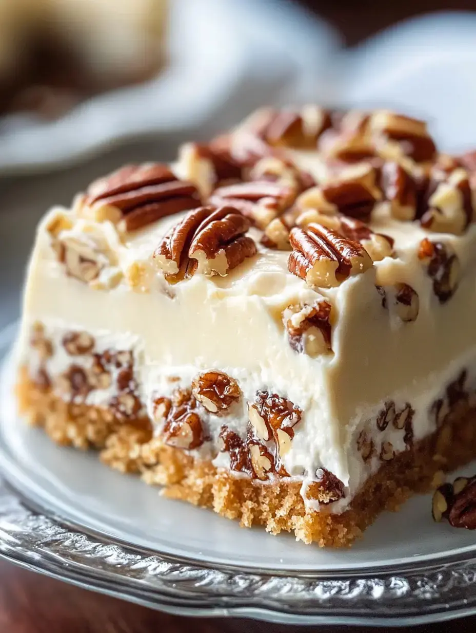 A slice of creamy dessert topped with pecans on a graham cracker crust sits on a silver plate.