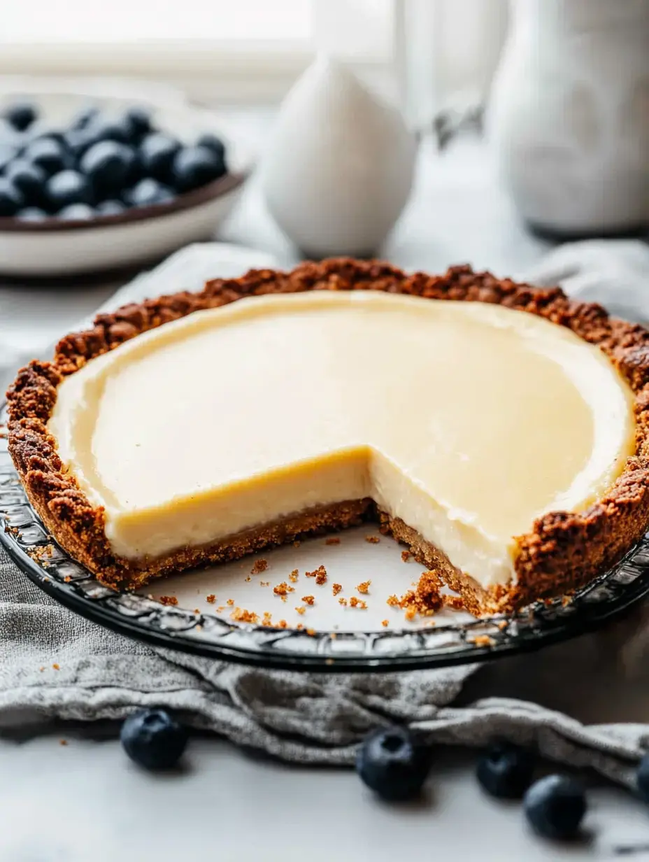 A cheesecake with a slice removed sits on a clear glass plate, surrounded by fresh blueberries and a gray cloth.