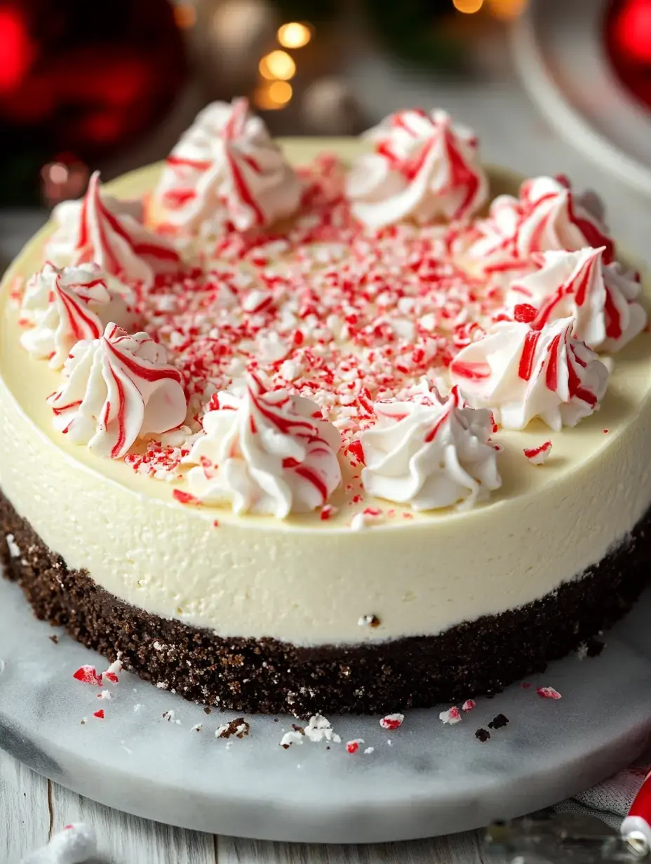 A festive cheesecake topped with swirls of whipped cream and crushed peppermint candy sits on a marble platter.