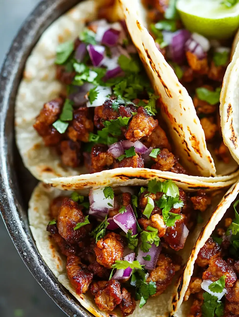 Three tacos filled with seasoned meat, diced onions, and fresh cilantro, served with a lime wedge on the side.