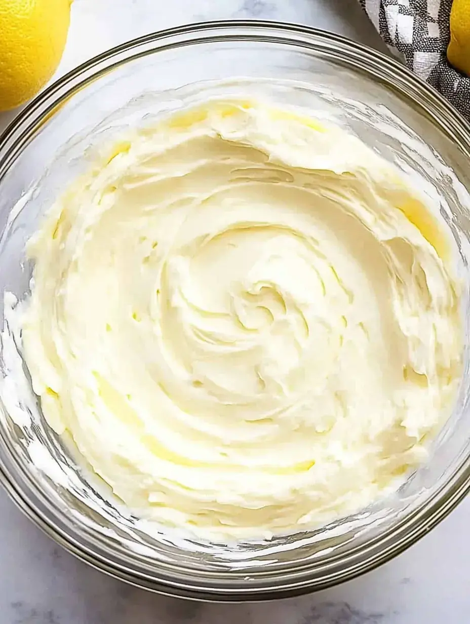 A glass bowl containing a smooth, creamy mixture with a swirled texture, alongside a yellow lemon and a checkered cloth in the background.