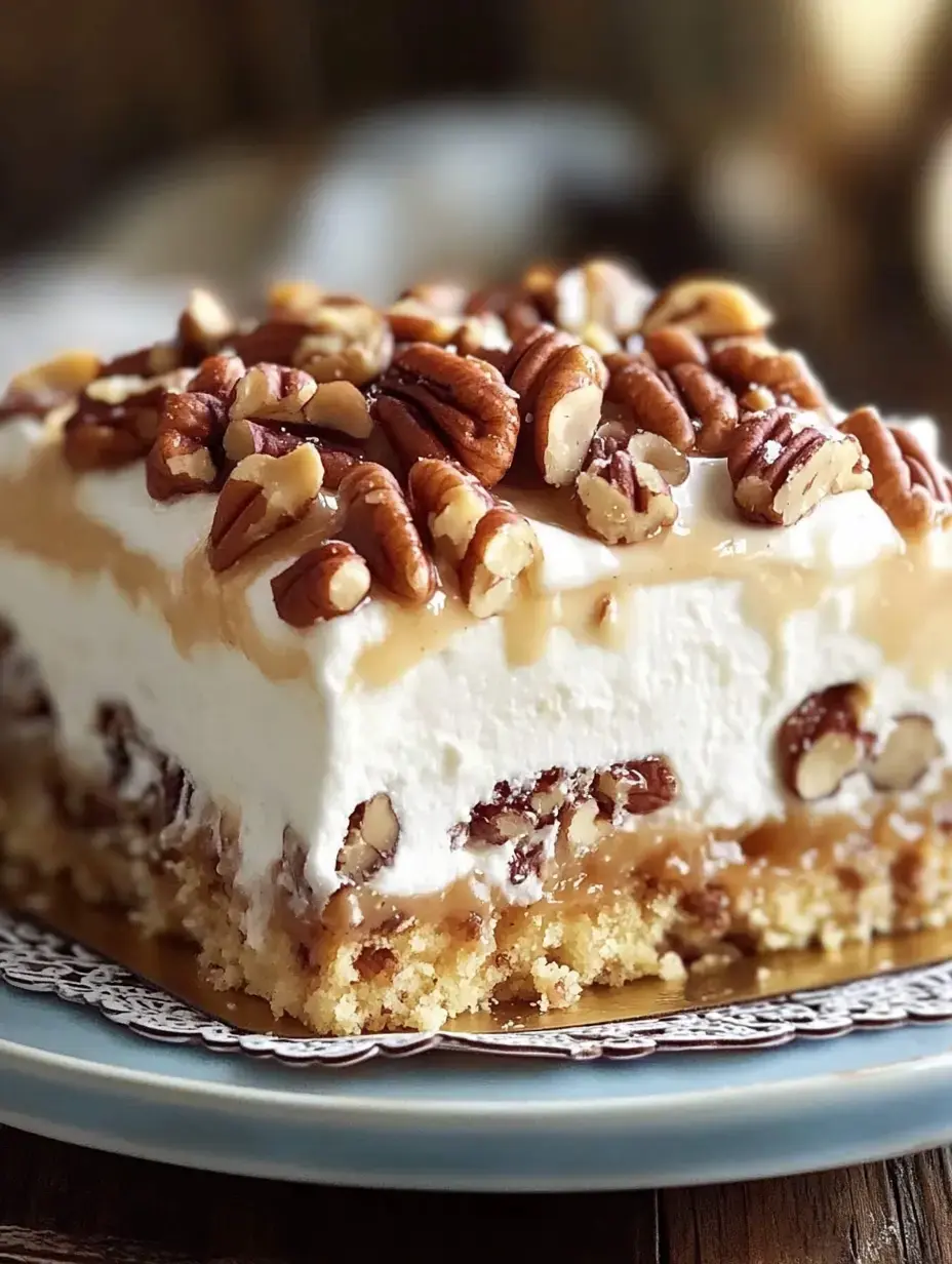 A close-up of a layered dessert featuring a creamy topping, caramel drizzle, and chopped pecans on a golden base.