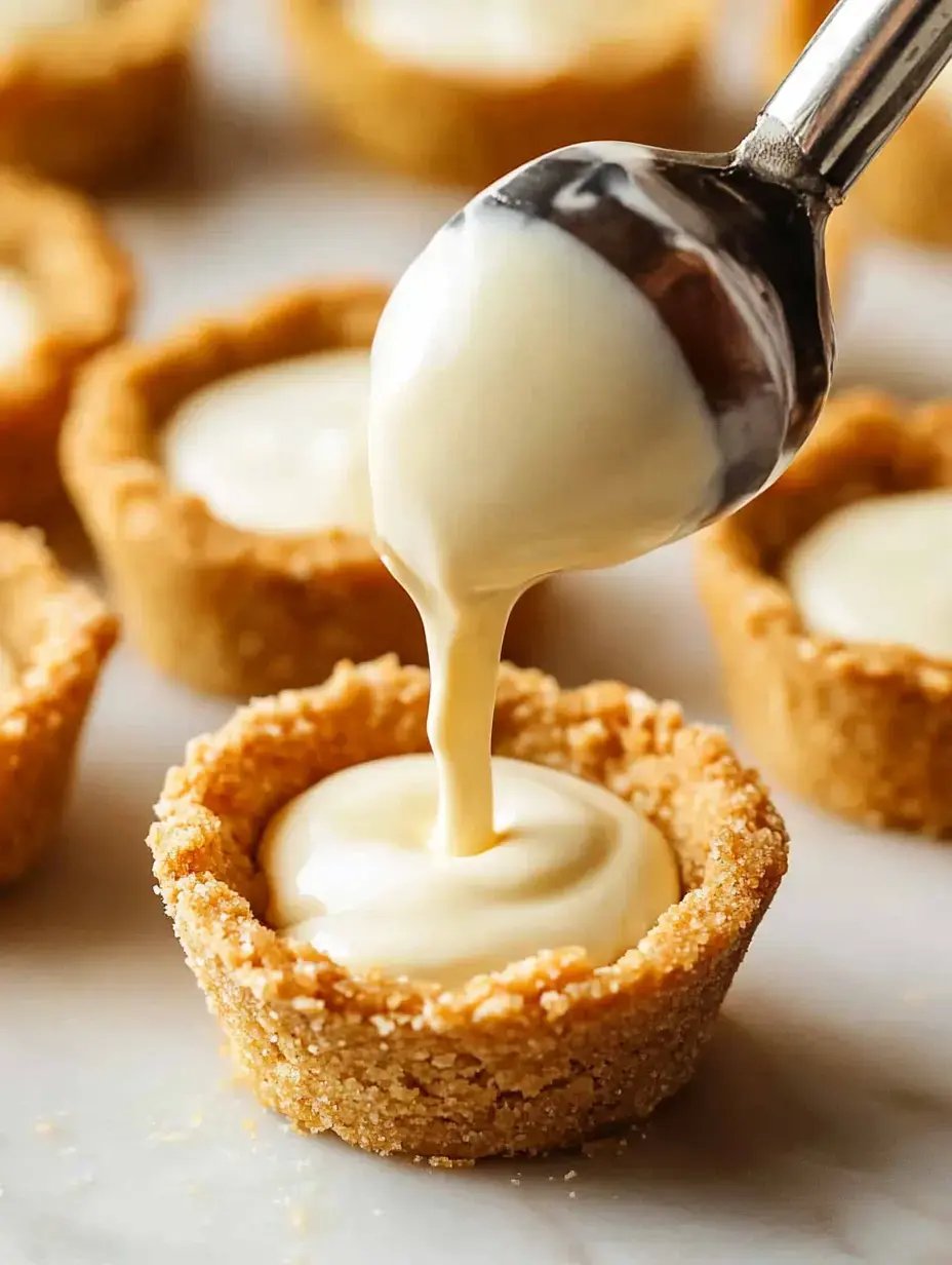 A spoon drizzles creamy filling into a crumb crust mini dessert cup, with more cups in the background.