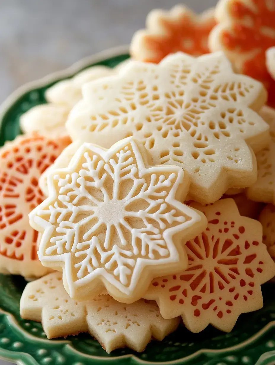 A close-up of decorated snowflake-shaped cookies in a festive arrangement on a green plate.