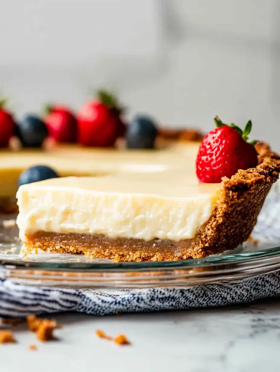 A slice of creamy cheesecake on a graham cracker crust, garnished with fresh strawberries and blueberries, displayed on a glass plate.