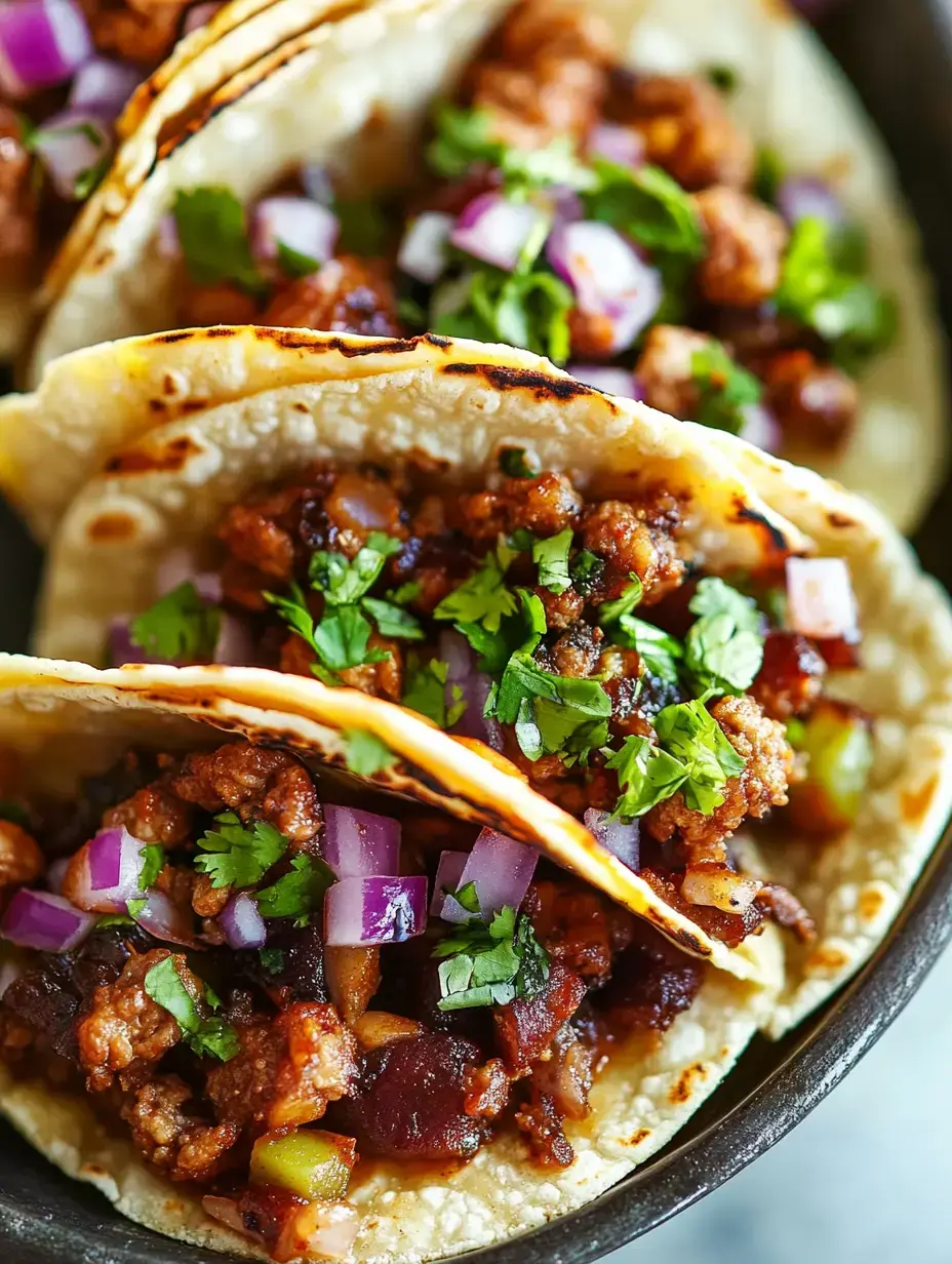 A close-up of three tacos filled with seasoned meat, topped with chopped onions and cilantro, served on a plate.