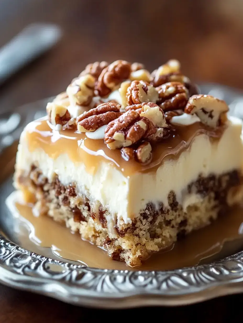 A slice of layered dessert featuring cream cheese, a crumbly base, caramel drizzle, and topped with pecans, served on a decorative plate.