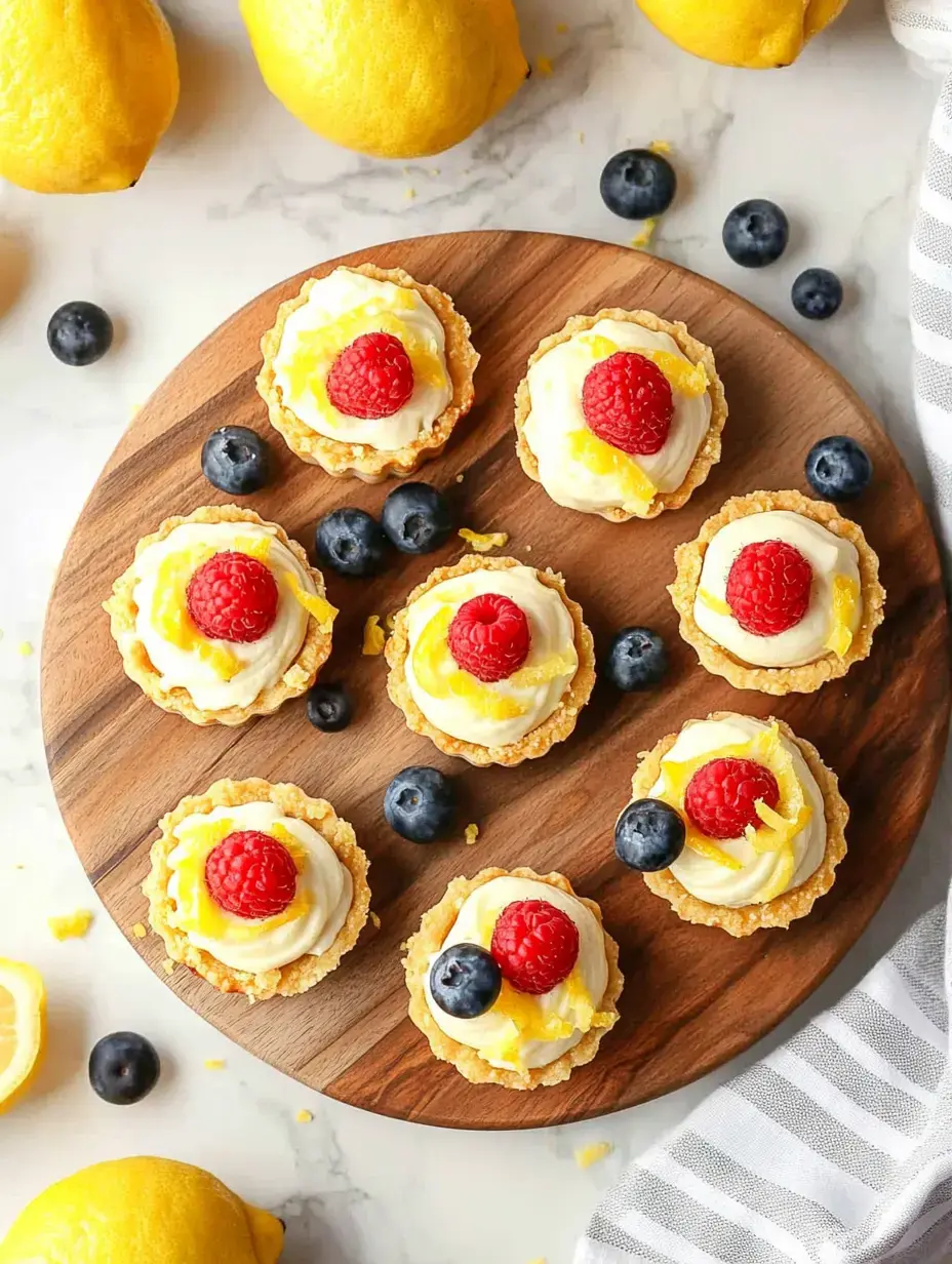 A wooden platter holds several small lemon tarts topped with raspberries and blueberries, surrounded by fresh lemons.