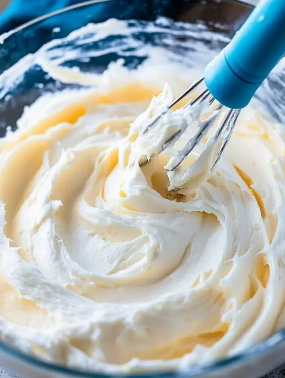 A close-up of creamy, whipped frosting in a glass bowl with a whisk partially immersed in it.