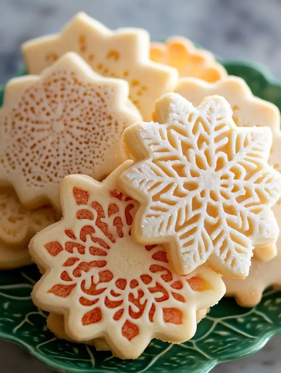 A close-up of decorative snowflake-shaped cookies arranged on a green plate.