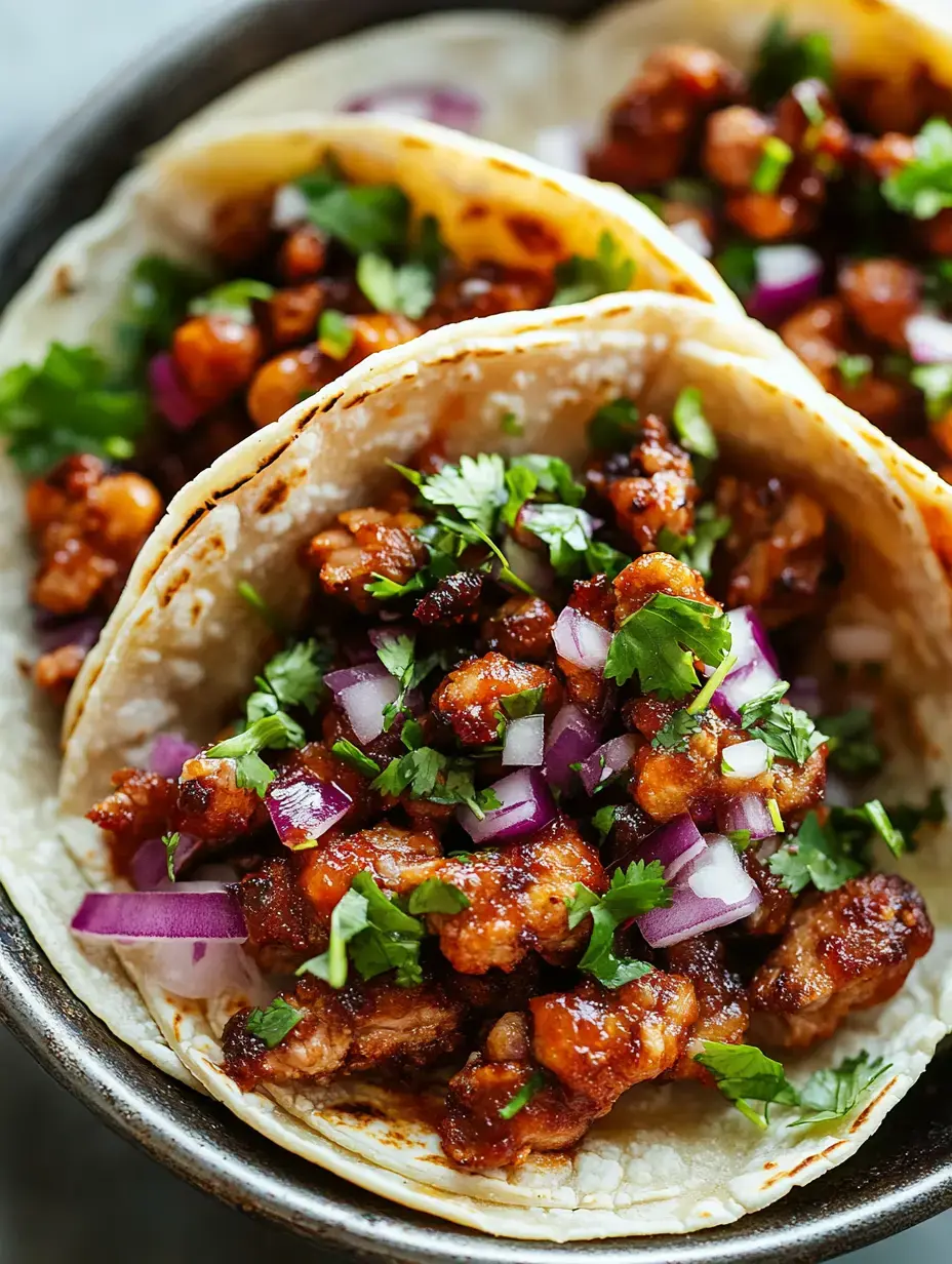 Three tortillas filled with seasoned meat, garnished with chopped onions and fresh cilantro, are served in a bowl.