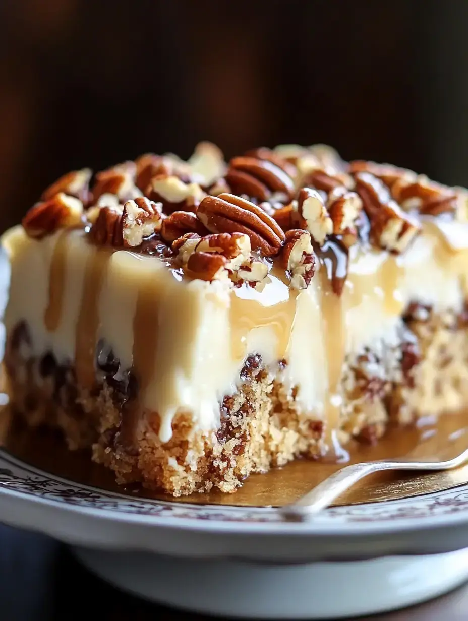 A close-up of a slice of caramel cake topped with pecans and drizzled with caramel and creamy frosting on a decorative plate.