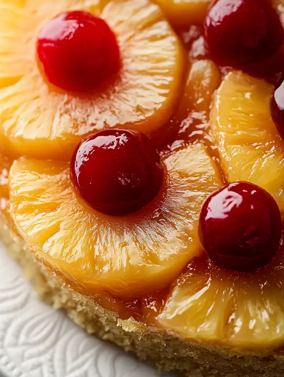 A close-up of a dessert topped with pineapple slices and maraschino cherries.