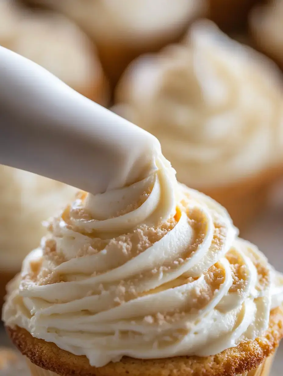 A piping bag is delicately frosting a cupcake with swirls of creamy white icing.