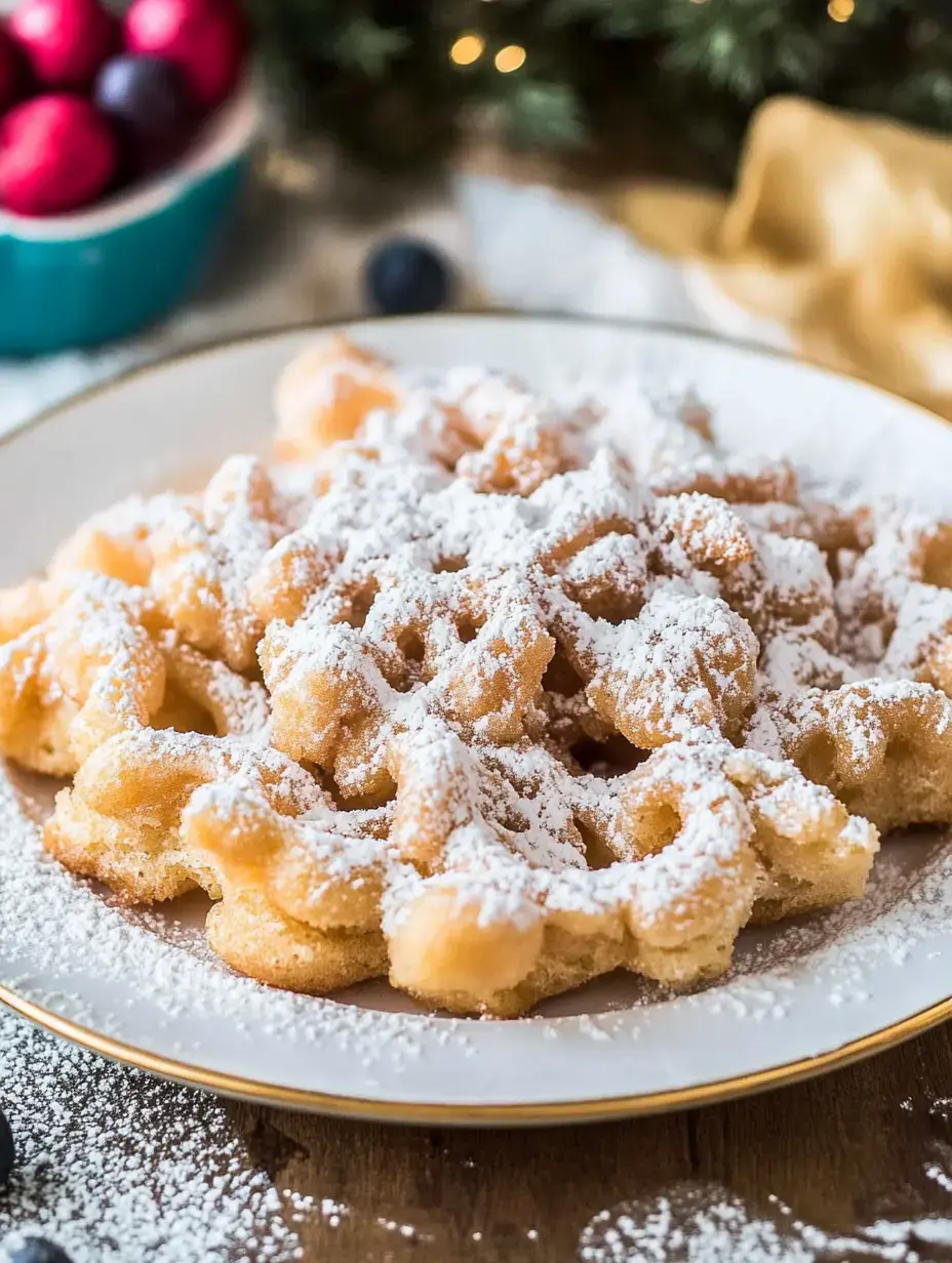 A plate of freshly made, powdered sugar-dusted funnel cakes placed on a wooden table, with a bowl of colorful ornaments in the background.