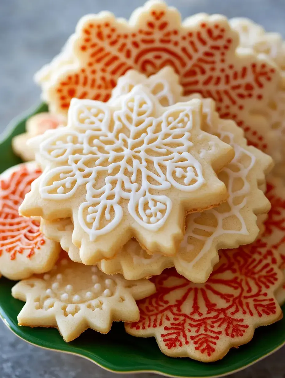 A green plate holds a stack of beautifully decorated snowflake cookies, featuring intricate white and red icing designs.