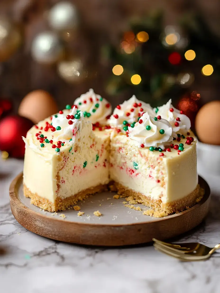 A festive cheesecake topped with whipped cream and red and green sprinkles, showcasing a slice that reveals colorful bits inside, set on a wooden plate.